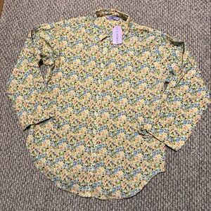 La Porte Swim Shirt Green Linen Blend Button Front Cinch Sleeve floral